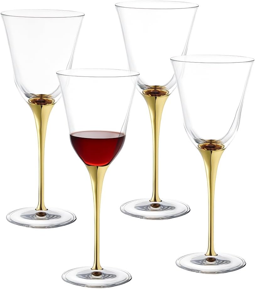 Barski Goblet - Red Wine Glass - White Wine Glass - Crystal Glass - Water Glass - Shiny Gold Stem - Stemmed Glasses - Set of 4 Goblets - 10 oz Made in Europe