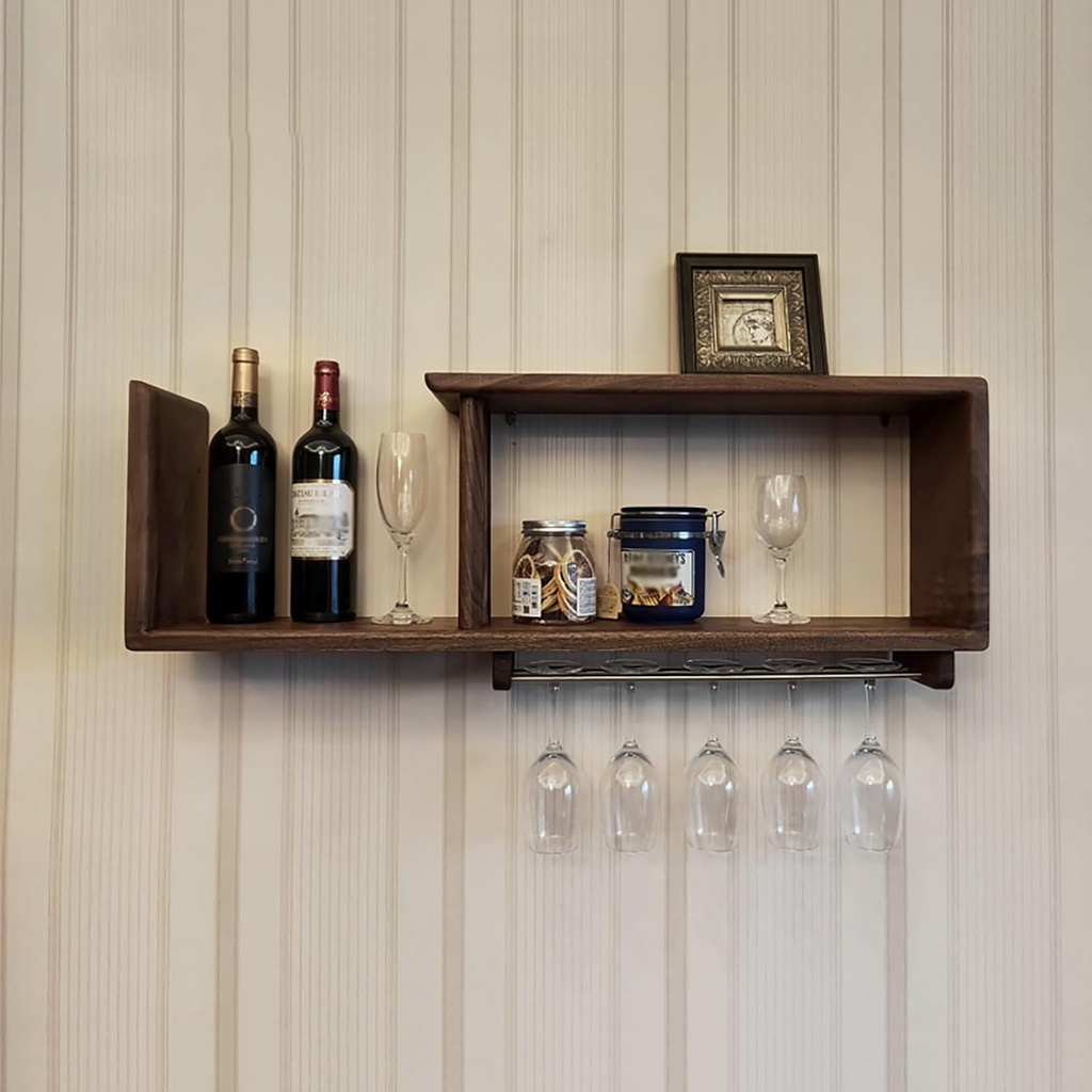 Modern Wall Mounted Wine Rack, Wood Wine Shelf Hanging Floating Wall Shelves, Wine Glass Bottle Rack Stemware Holder, Wine Storage Rack, for Bar, Living Room, Wine Cellar, Kitchen, Dining Room