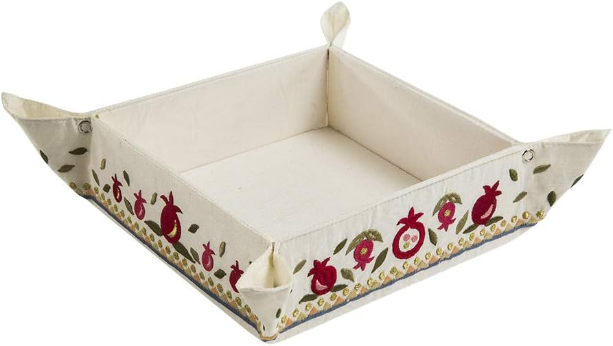 Yair Emanuel Matzah Box for Seder - Holder For Passover Bread -Embroidered Folding Basket (Pomegranates (MB-2))