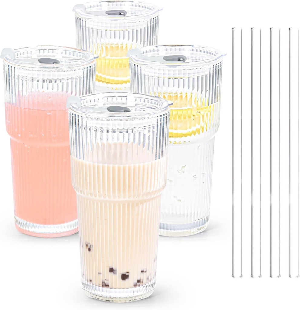 20 oz 4 Pcs Glass Cups with Lids and Straws Ribbed Iced Coffee Glasses Tumbler Vintage Drinking Glasses Set of 4 for Tea Juice Soda Smoothie(Ribbed A*4 with Lid)