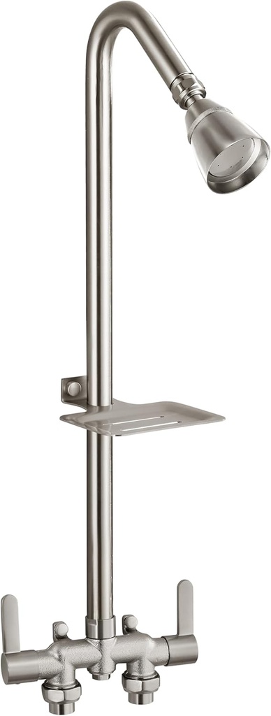 Aolemi Outdoor Shower Fixtures,Outdoor Shower Kit Faucet System 3 Inch Center with Showerhead 2 Handle Exposed Shower with Brass Mix Valve Pipe Downward with Soap Dish Brushed Nickel