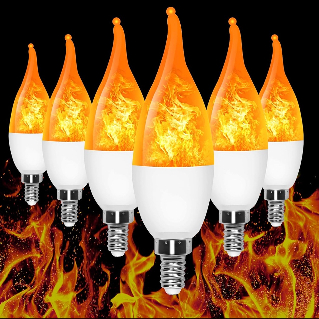 6-Pack LED Flame Light Bulb, 3 Mode E12 Edison Bulb, 1.2W Warm White, for Chandelier, Halloween Decorations, Christmas, Outdoor, Indoor