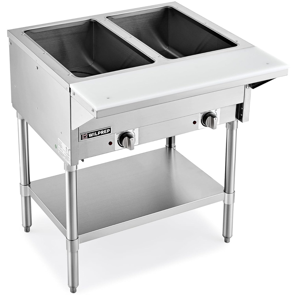 WILPREP 2 Well Commercial Food Warmer, 1000W Electric Steam Table with 8" Cutting Board & Storage Shelf, 30" Stainless Steel Steam Table Food Warmer with Knob Control for Catering Buffets Restaurants