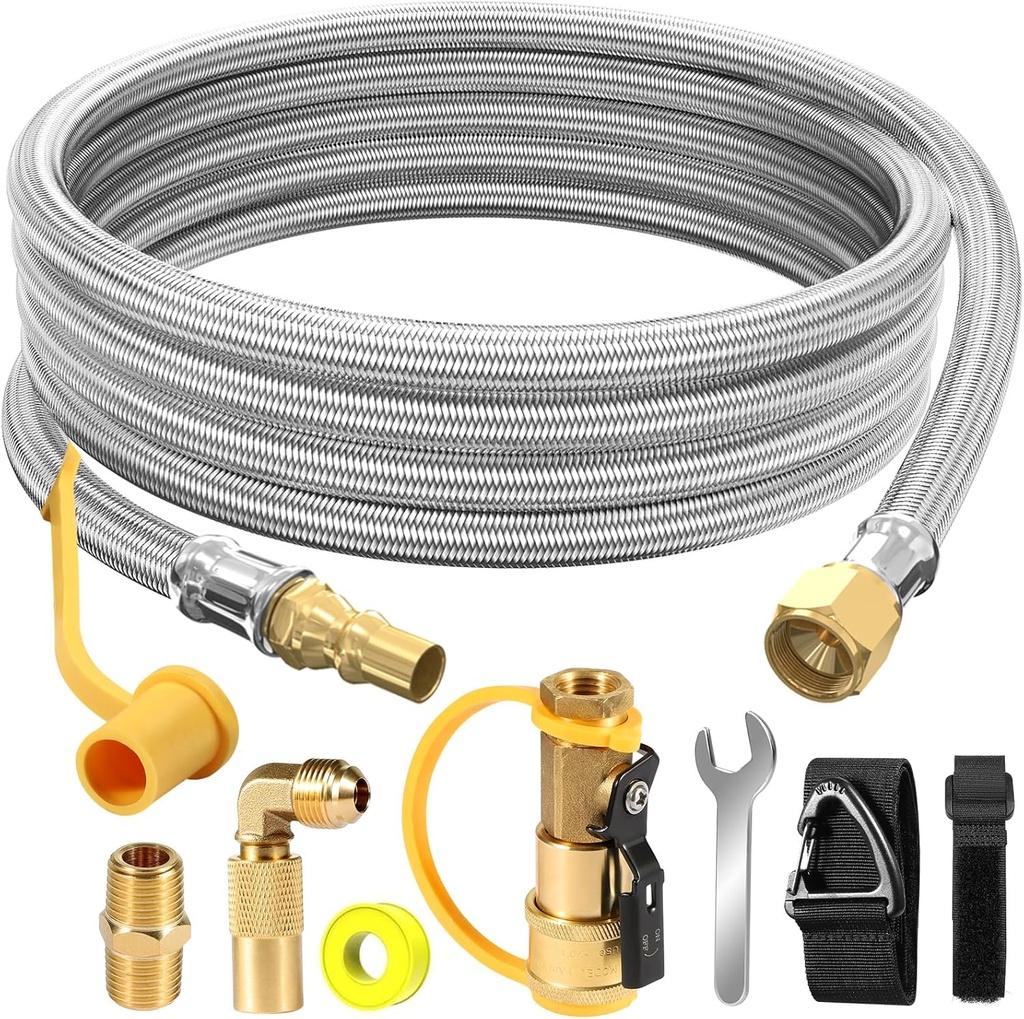 12FT Propane Quick Connect Hose for RV to Gas Grill, RV Quick Connect Propane Hose to RV 1/4" Female Quick Disconnect, with 1/4" Safety Shutoff Valve & Elbow Adapter for Blackstone 17"/22" Griddle