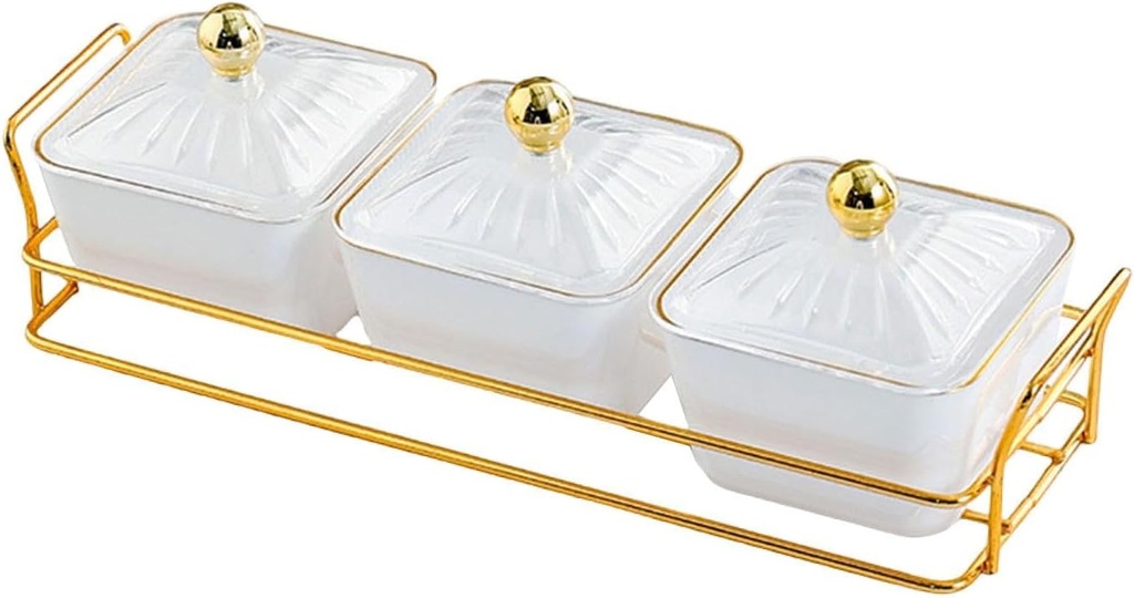 Dried Fruit Tray Set Candy Nuts Dish 3 Grid Food Storage Box Cookie Jar Divided Serving Platter for Countertop Living Room, White