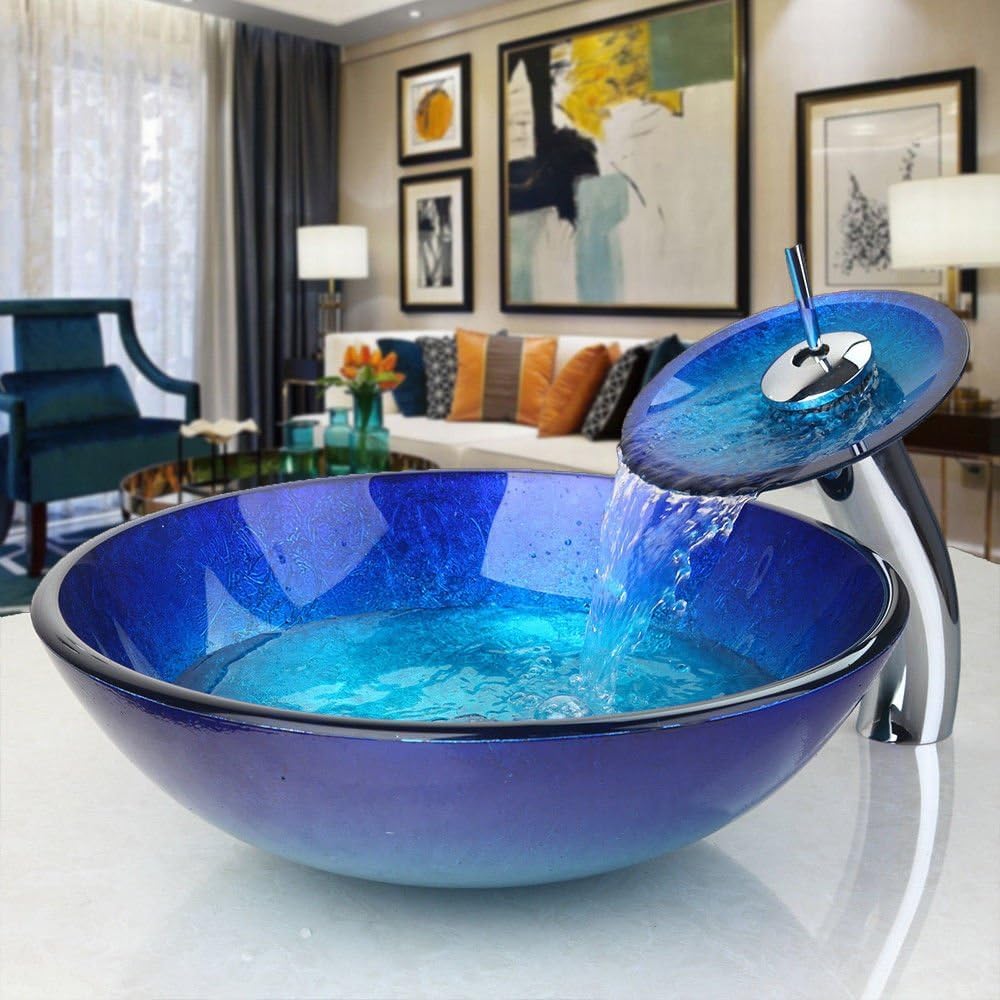 Blue Countertop Bathroom Vessel Sink with Waterfall Faucet, Vessel Sinks,Round Glass Vessel Sink Combo,Bathroom Sink Above Counter,Modern Artistic Tempered Glass Vessel Bowl Sink