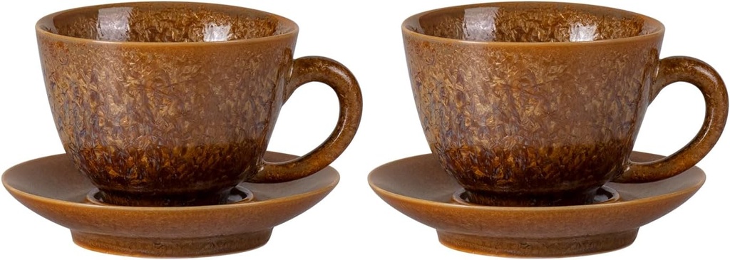 KAMMAK Tea Cups and Saucers Set of 2, Porcelain Coffee Cups, 4.3oz Crystalline Glaze Espresso Mugs, Ceramic Demitasse for Coffee, Cappuccino, Latte, Americano, Tea (Golden Crystal)