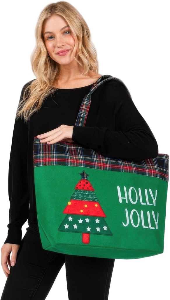 Christmas Tote Bag with Holly Jolly Design, Plaid Trim, Green with Decorated Tree