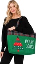 Christmas Tote Bag with Holly Jolly Design, Plaid Trim, Green with Decorated Tree