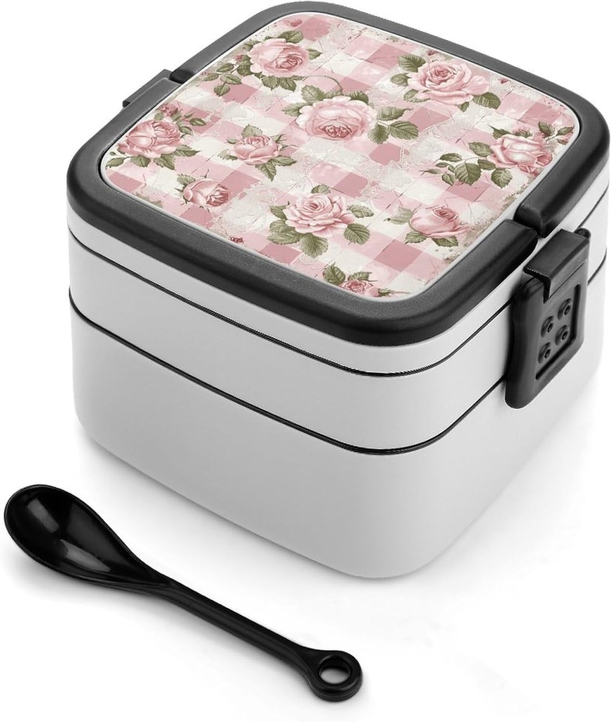 Personalize Double Layer Bento Box Peach Retro Pattern Lunch Box - Durable, Leak-Proof with Spoon Adult Premium Bento Case for Work Travel Camping