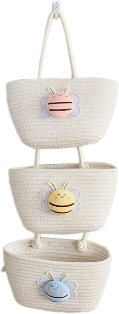 Woven Cotton Hanging Baskets, 3-Tier Woven Cotton Wall-Mounted Storage Organizer Bag Decorative Kitchen Baskets (Color-7)