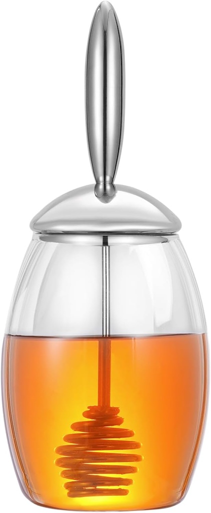 Honey Pot with Stainless Steel Dipper and Lid – No Drip Honey Dispenser, Glass Honey Container with Integrated One-Piece Design