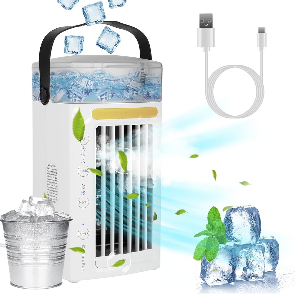 KOCASO Portable Air Conditioners Fan, 4-IN-1 Personal Desktop Mini Air Conditioner with 2 Cool Mist & 3 Speeds, Evaporative Air Cooler with 7 Colors Light, 480ML Water Tank, for Room Bedroom Office