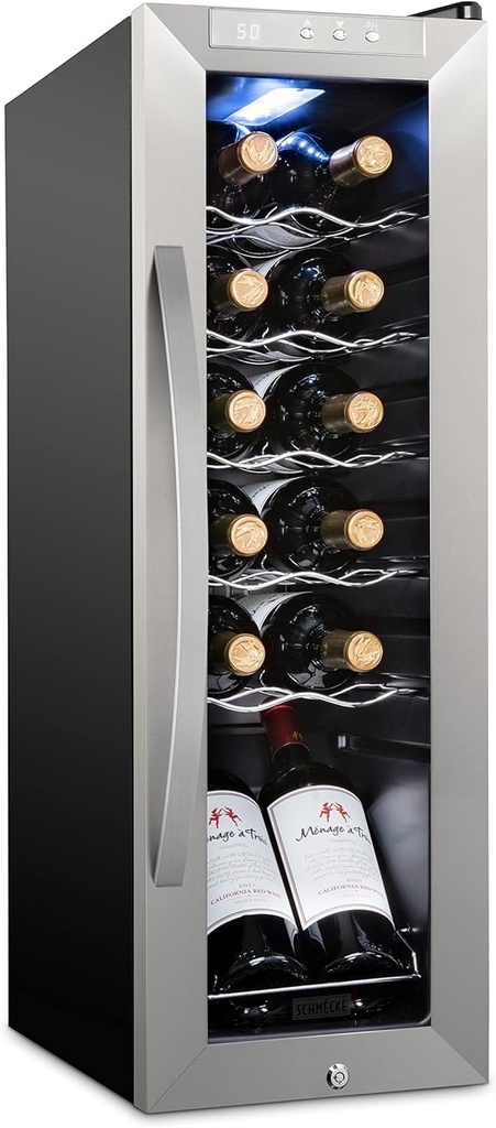 SCHMÉCKÉ 12 Bottle Compressor Wine Cooler Refrigerator w/Lock - Large Freestanding Wine Cellar For Red, White, Champagne or Sparkling Wine - 41f-64f Digital Temperature Control Fridge Stainless Steel