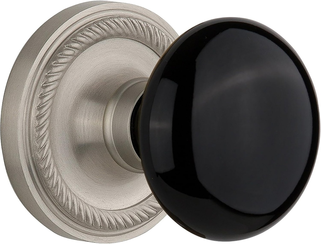 Nostalgic Warehouse, Passage-2.375", Satin Nickel Rope Rosette with Black Porcelain Knob, (710033)