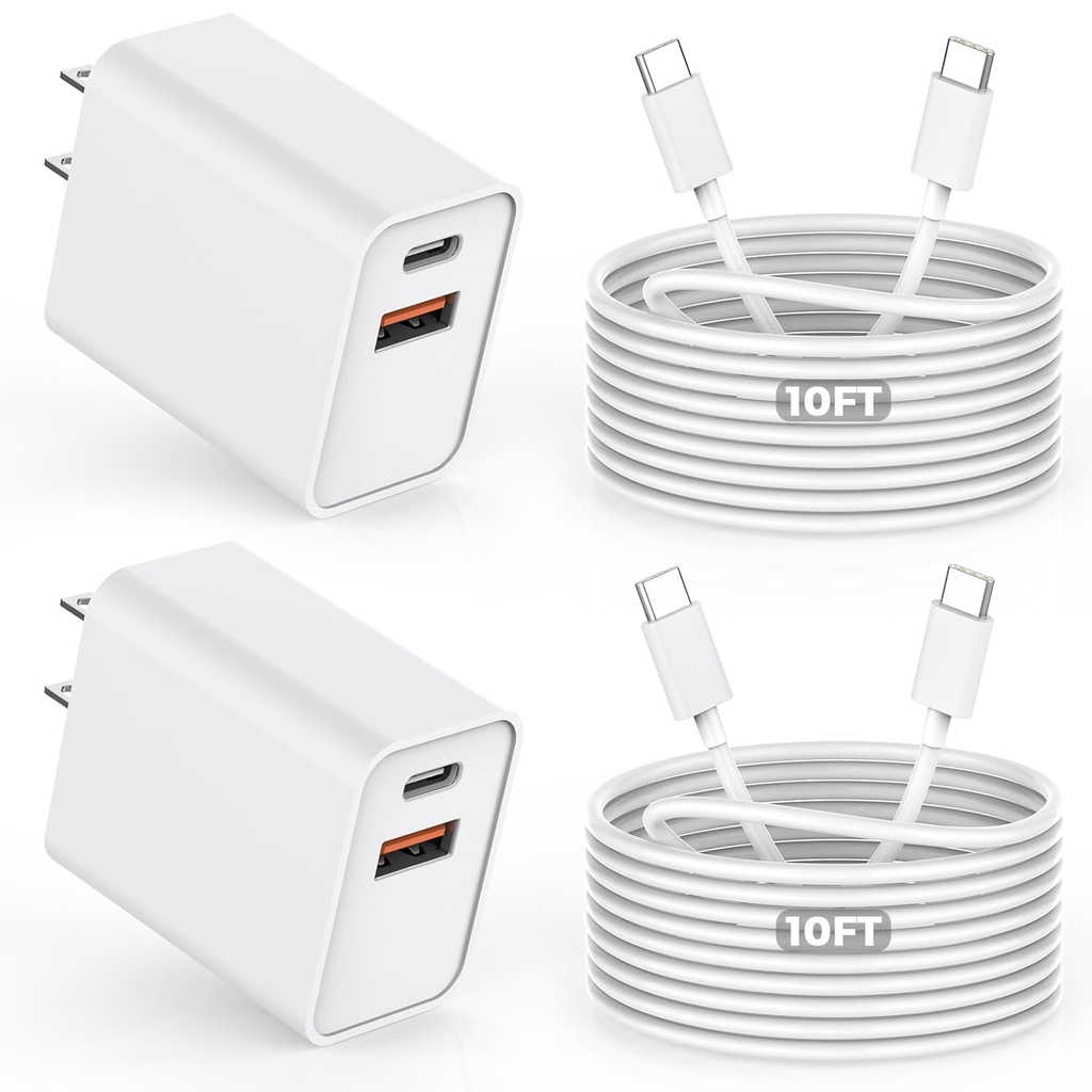 10FT iPhone 17/16e Fast Charger,2Pack 20W Dual Port USB C+A Power Adapter 10Foot Long USB C to C Fast Charging Cable Cord Quick Charging for iPhone 17 Air/17 Pro/17 Pro Max/16/16 Pro/15/15 Pro/Pro Max