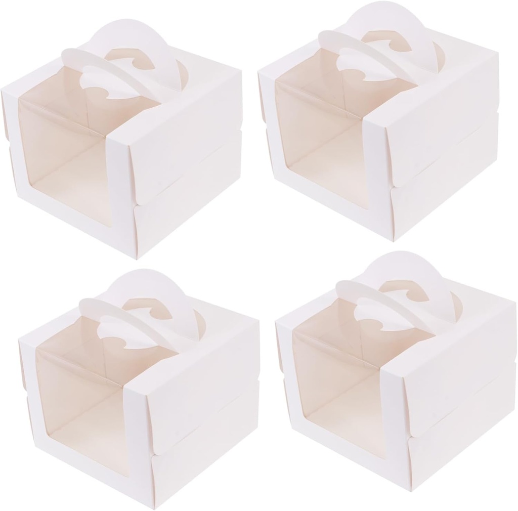 4Pcs Decorative Cake Boxes with Window White Handheld Baking Containers for Birthday Party and Bakery Treats for Cakes Desserts and Pastries