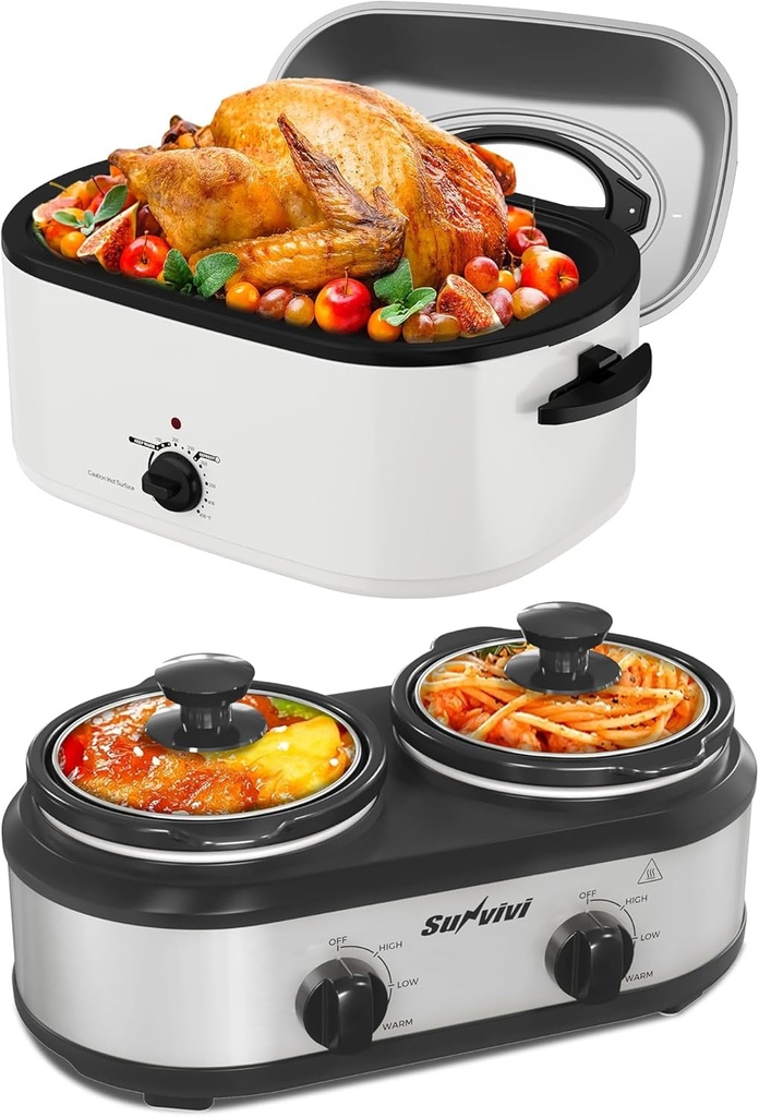 Sunvivi 24-Quart Electric Roaster Oven with Visible Self-Basting Lid And Dual Slow Cooker,Turkey Roaster Oven with Removable Pan and Rack.