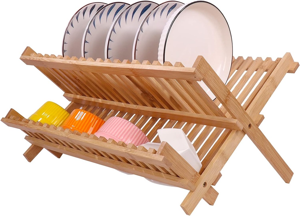 SZUAH Bamboo Dish Drying Rack, Collapsible Dish Drying Rack for Kitchen Counter, Space Saving Counter Organizer (17.8"x10.23"x9.25")