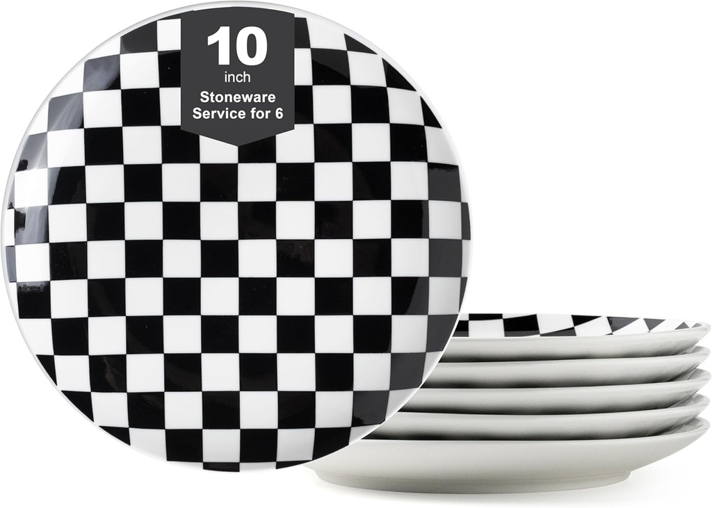 Ceramic Dinner Plates Set of 6-10 Inch Salad Plates, Black and White Checkered Porcelain Dinner Plates Microwave, Oven & Dishwasher Safe, Minimalist Porcelain Dish Set