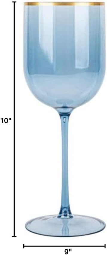 [12 Oz - 5 pk Blue] HomeyGear Plastic Blue W Gold Rim Goblets Wine Glasses BPA Free 12 Oz Disposable Elegant Drink Cups for Parties Wedding Receptions Fancy Reusable Tumblers for EZ CleanUp 5 Pack