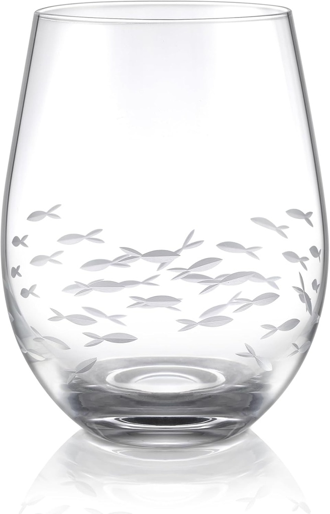 Joeyan Etched Stemless Wine Glasses,Hand Blown Drinking Glass Cups Wine Tumbler with Fish School Patterns,Carved Large Cocktail Whiskey Glasses,Gift for Party Wedding,17.5 oz,Dishwasher Safe