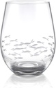 Joeyan Etched Stemless Wine Glasses,Hand Blown Drinking Glass Cups Wine Tumbler with Fish School Patterns,Carved Large Cocktail Whiskey Glasses,Gift for Party Wedding,17.5 oz,Dishwasher Safe