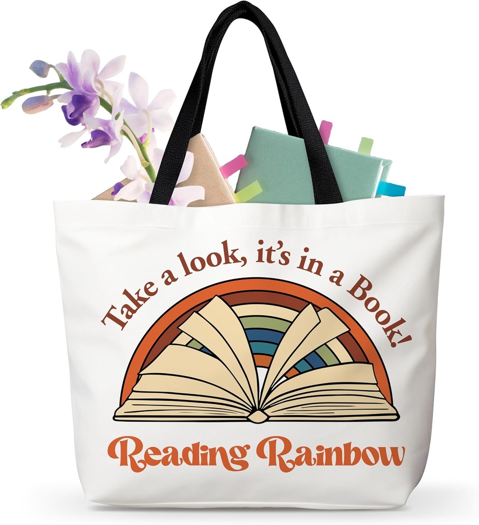 Reading Rainbow Canvas Tote Bag, Book Lover Gifts, Reusable Grocery Shopping Bag, Book Club Black Shoulder Tote Bag, Gifts For Women Reader Bookish Bookworm Book Nerd Friends, B06