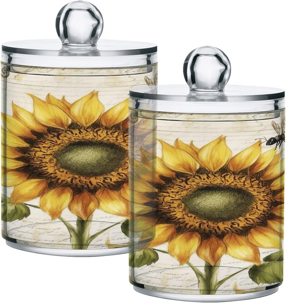 Acrylic Plastic Clear Jar with Lid, Sunflower Bee Letter Pattern Airtight Storage Jar 2 Pack Kitchen Storage Containers for Cookie Snack Candy