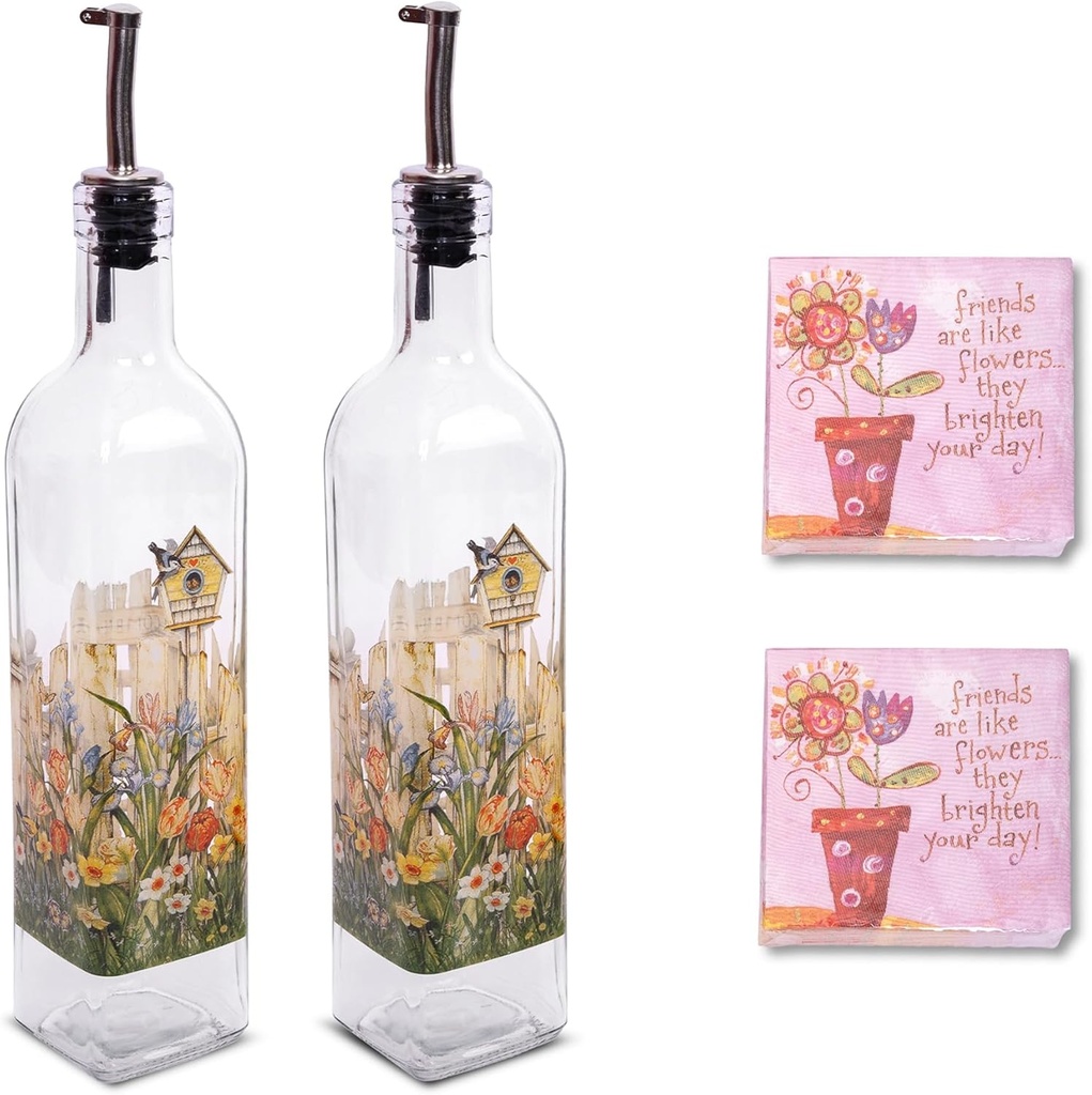 Topadorn 17 oz Olive Oil Dispenser Bottle Set for Kitchen, 2 Pcs Glass Oil Dispenser Bottle with Stainless Steel Pourers, 2 Packs of Napkins, Flower and Bird House