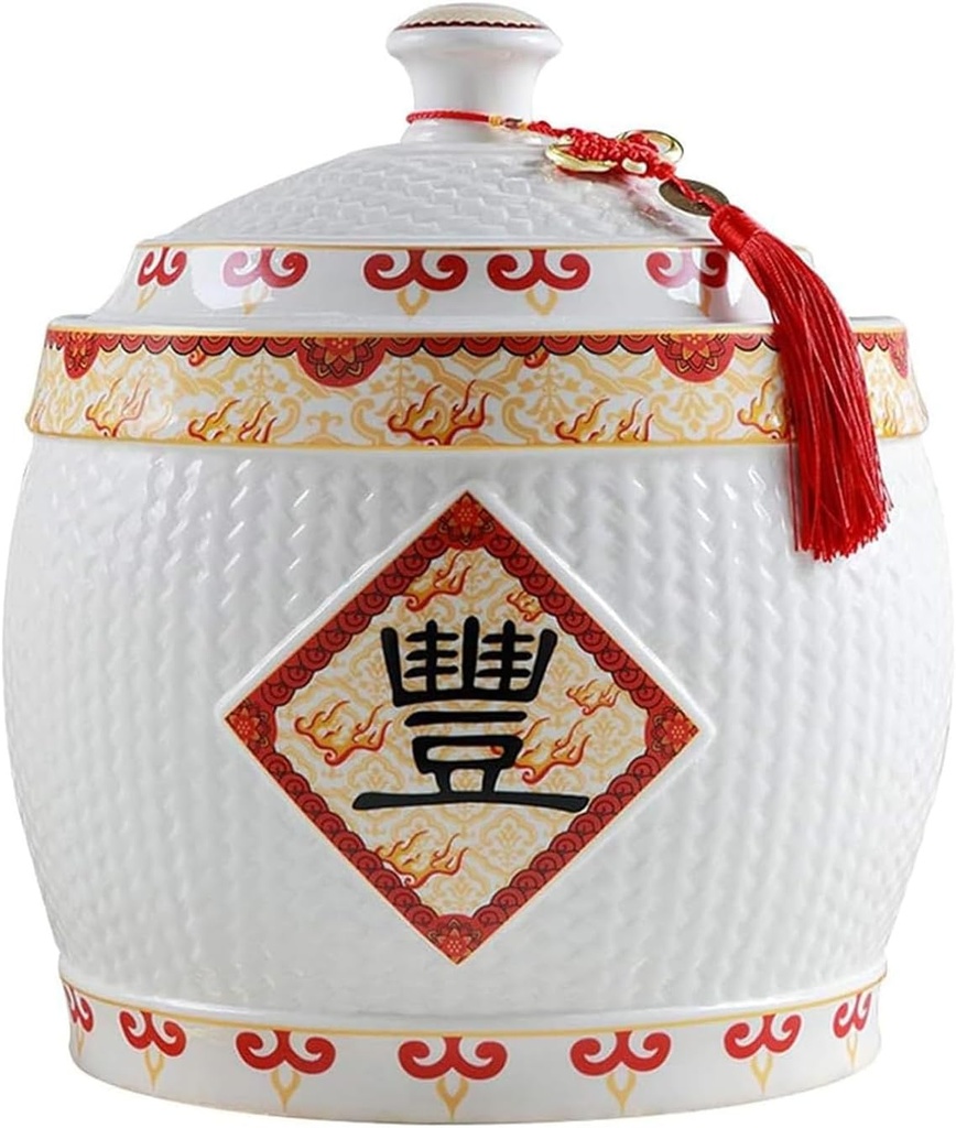 Chinese Ceramic Rice Bucket, Ceramic Rice Cylinder Ceramic Jar with Lid Grain Dispenser, Large Grain Dispenser, Food Storage Container with Lid, Sealed Rice Storage Jar for Noodles Rice Snacks