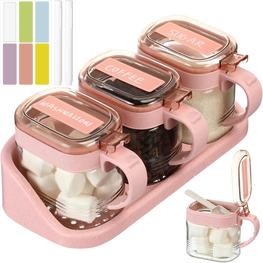 Suclain 3 Pcs Sugar Coffee Container Set 16 oz Glass Condiment Jar Spice Container Coffee Station Organizer Set with Lable Stickers Scoop for Bean and Sugar Candy, Oats, Nuts(Pink)