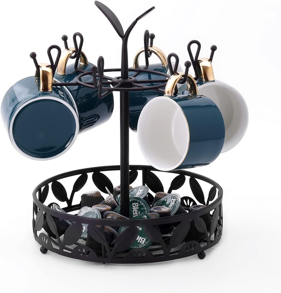 ZWANG Mug Tree with Coffee Pod Basket Storage, Rotatable Mug Holder Stand, Coffee Mugs & Tea Cup Storage Rack, Coffee Counter Bar Accessory & Kitchen Organizer
