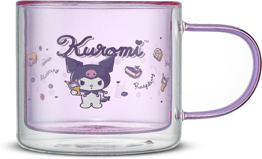 JoyJolt Hello Kitty Double Wall Insulated Coffee Mug ft Kuromi, 13.5 oz Glass Cup, Cute Drinking Glassware ideal for Latte, Iced Coffee, or Tea, Kawaii Hello Kitty Merch, Sanrio Accessories