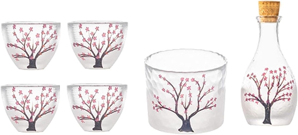 Glass Sake Set Japanese, Sake Pot Sake Cup Transparent Modern Used for Home Party and Great Gifts, Sake Cups +Sake Pot + 1Vessel Cup for Heat Preservation or Refrigeration