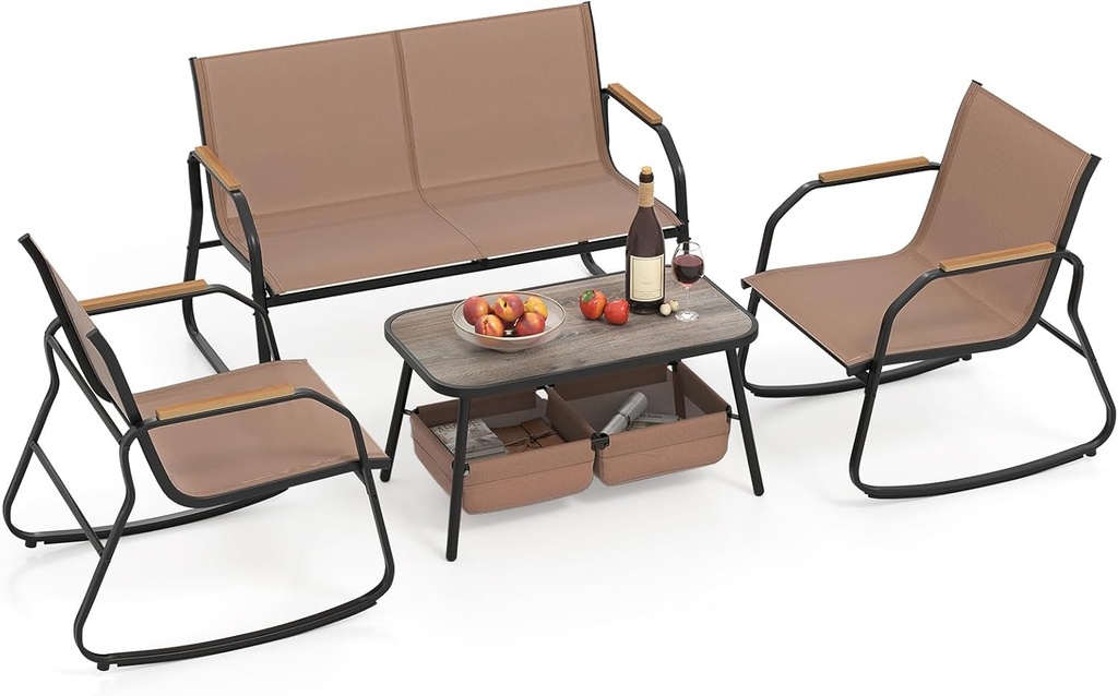 Tangkula 4 Pieces Patio Furniture Set with 2 Rocking Bistro Chairs, Outdoor Conversation Set with 2-Tier Coffee Table and Breathable Fabric Chairs for Porch, Garden, Lawn and Backyard (Brown)