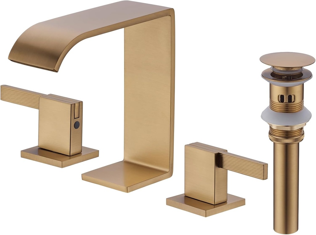 Brushed Gold Bathroom Faucet 3 Hole, 8 inch Widespread Bathroom Sink Faucet, Bath Restroom 2 Handle Waterfall Vanity Faucets, Modern Basin Faucets with Pop Up Drain and Water Supply Hoses