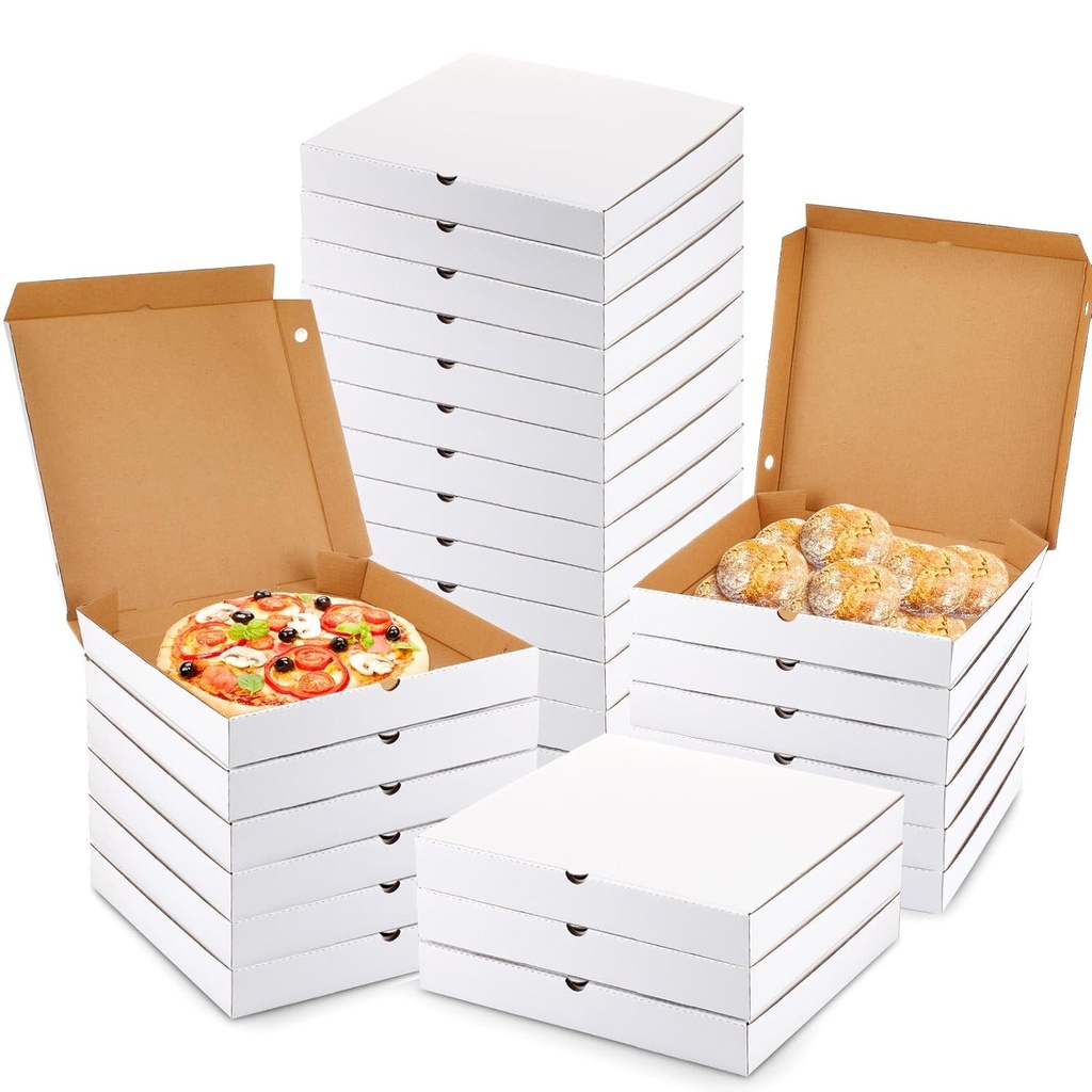 PerKoop 100 Pcs Pizza Boxes Bulk Empty Cardboard Pizza Box Reusable Large Square Food Serving Container for Takeout Bakery Restaurant Party Supplies(White and Kraft,10 Inch)