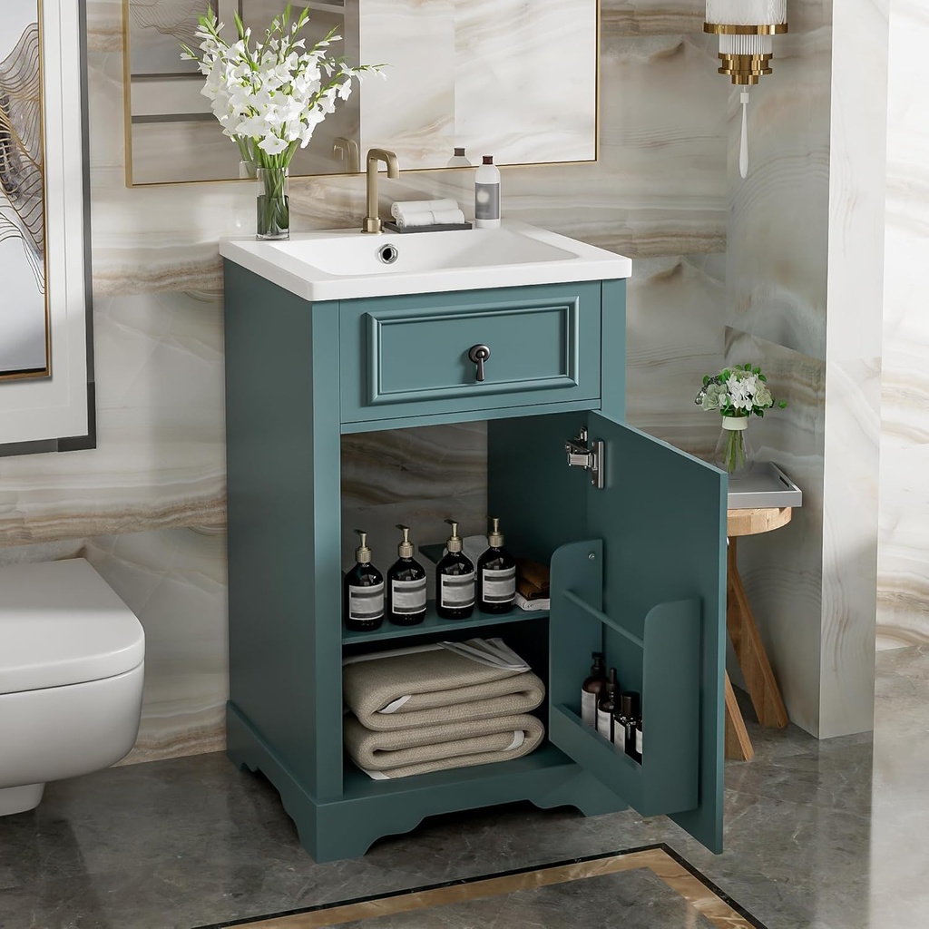 Harper & Bright Designs 20" Bathroom Vanity with Sink, Free Standing Single Basin Vanity Set with Soft Close Door & Adjustable Shelf, Solid Wood Storage Cabinet with Ceramic Basin for Bathroom, Green