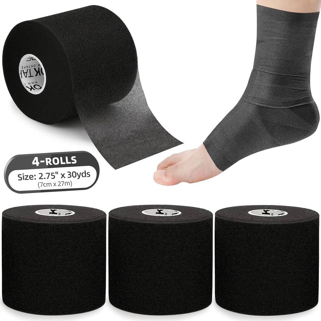 OK TAPE Pre Wrap Tape (4-Rolls, 120 Yards) - Athletic Foam Underwrap for Sports, Protect for Ankles Wrists Hands and Knees, 2.75 Inches - Black