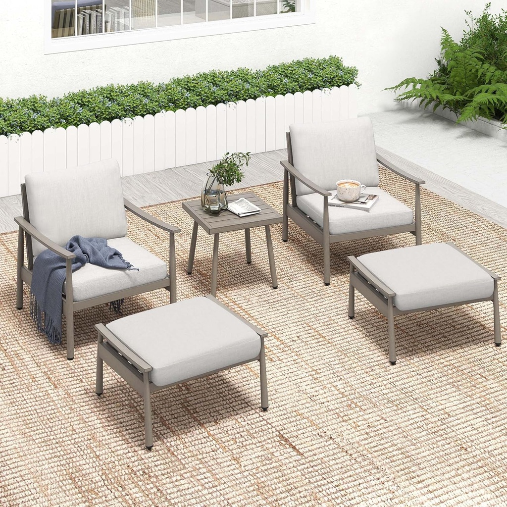 HAPPATIO Aluminum Outdoor Furniture Set - 5 Pieces Patio Furniture Set Includes 1 Side Table, 2 Armchairs and 2 Ottomans with Thick Cushion, Patio Conversation Set for Backyard Deck Poolside (Grey)