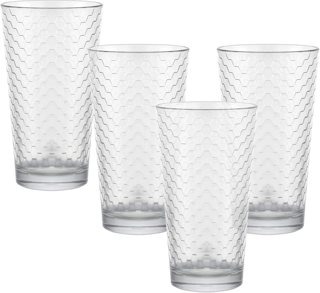 Circleware Paragon Honeycomb Set of 4 Heavy Base Highball Drinking Glasses Tumblers Ice Tea Beverage Cups Glassware for Water, Juice, Beer and Bar Decor Gift, 15.7 oz, 4pc