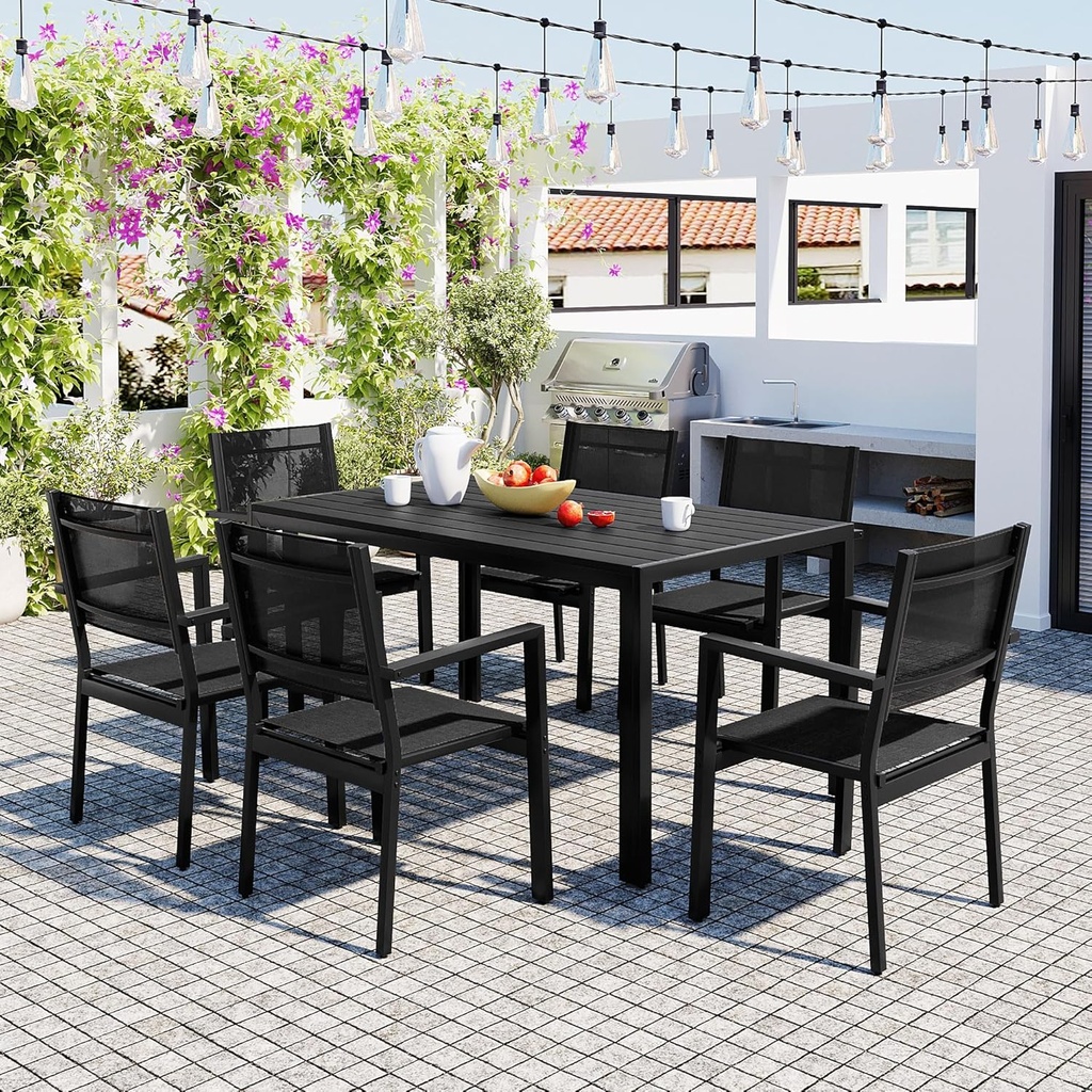 Outdoor 7 Piece Table and Chair Set, Steel Table with 6 Chairs for 6 Persons, Patio Dining Table Set with Chairs, Patio Conversation Set for Garden Patio Balcony Backyard, Black