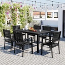 Outdoor 7 Piece Table and Chair Set, Steel Table with 6 Chairs for 6 Persons, Patio Dining Table Set with Chairs, Patio Conversation Set for Garden Patio Balcony Backyard, Black