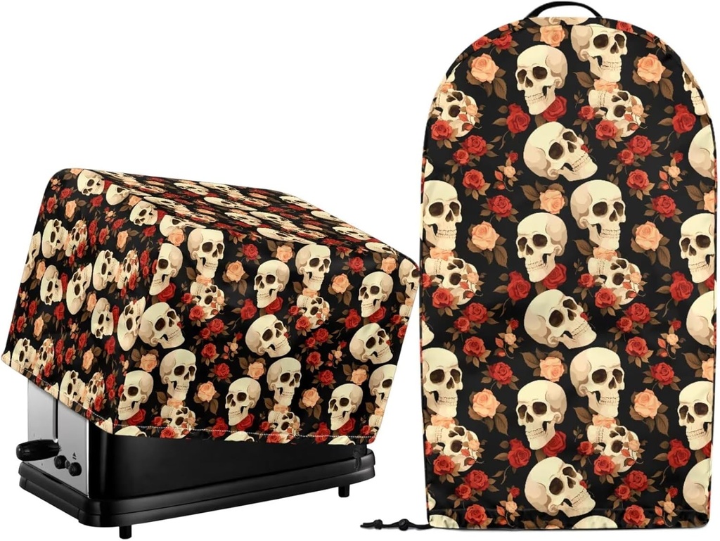 Rose Skull Small Appliance Dust Cover Sets Waffles Maker Oven Dust Covers Blender Cover with Top Handle Stain Resistant Machine Washable 2 PCS