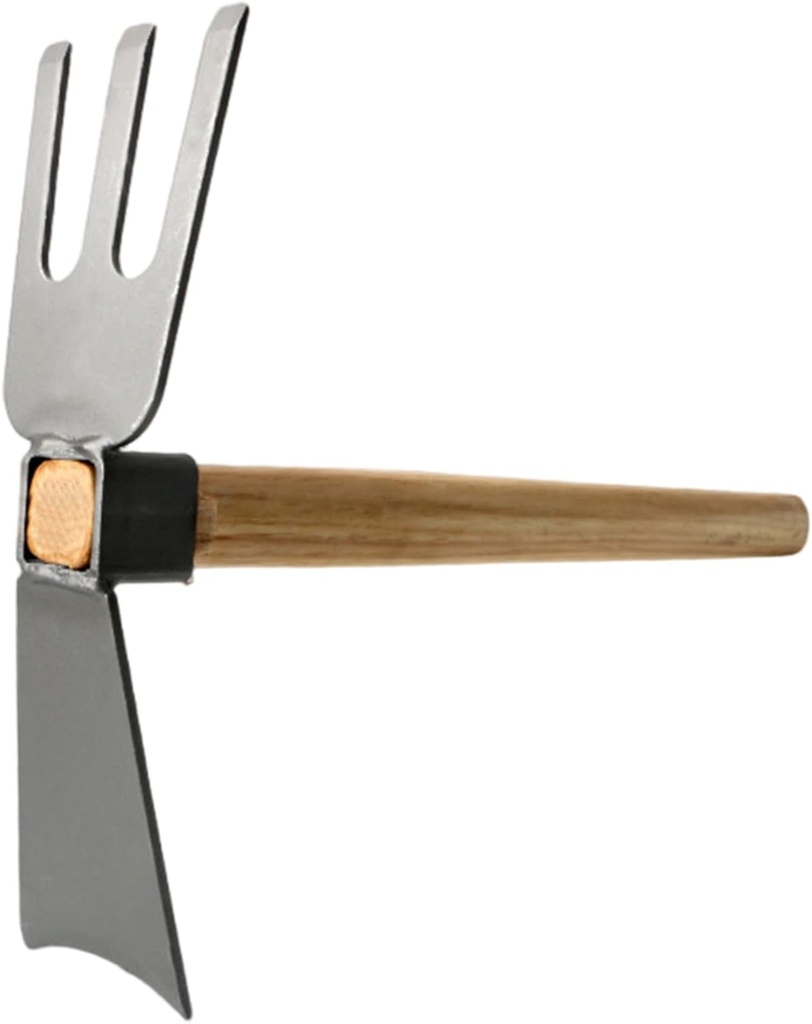 Garden Hoe, 2 in 1 Digging Fork with Wooden Handle, Carbon Steel Blade Head and 3-Prong Fork Used for Weeding, Digging, and Loosening Soil Pitchforks for Gardening Garden Hoe