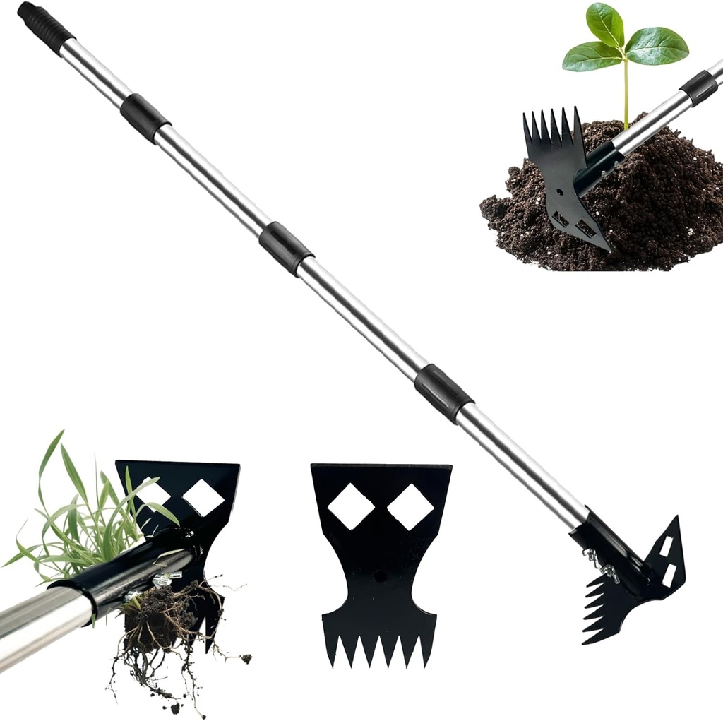 Weed Puller Tool with Long Handle - 58" Manual Weeder Remover Tool, 2 in 1 Hand Weed Rake and Garden Hoe for Gardening,6 Teeth Multifunctional Hand Weeder Tool for Yard, Lawn, Patio and Garden (Black)