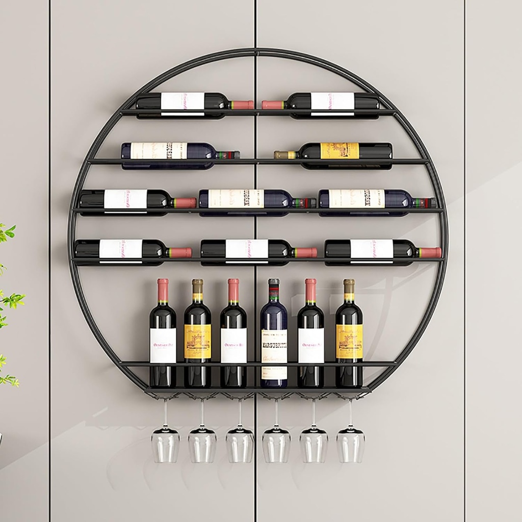Modern Mental Wall Mounted Wine Rack,Wine Racks,Wine Racks Free Standing,Stackable Wine Holder, Round Wine Glass Shelf Goblet Holder for Bar Wine Cellar Kitchen Storage Display (Color : Black, Size
