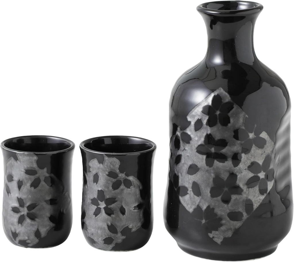 Asayu Japan Japanese Sake Set, Sakura Cherry Blossom Design, 1 Tokkuri Bottle with 2 Ceramic Cups, Black, Made in Japan Pottery