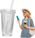 ABOOFAN Reusable Vertical Stripe Glass Cup with Lid and Straw Stylish Matcha Tea Drinking Tumbler for Adults Leak Resistant Reusable Cup for Water Coffee Iced Beverages